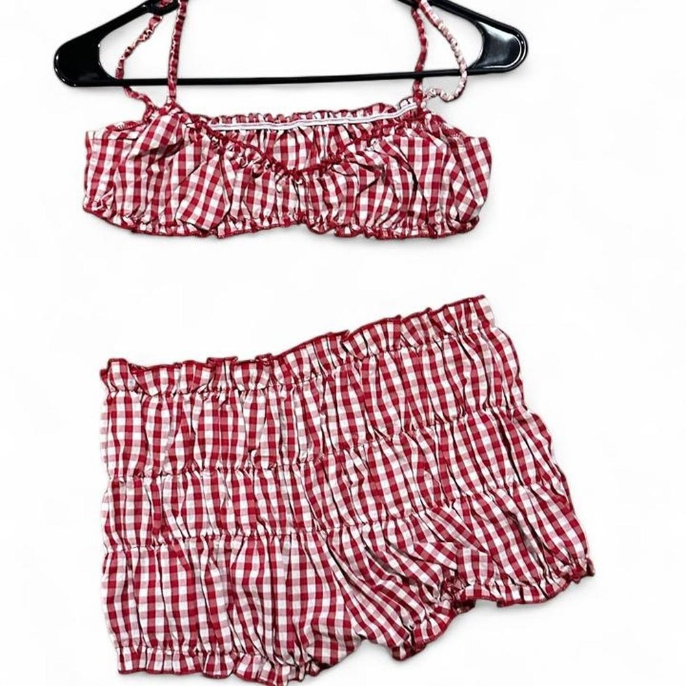 Red gingham ruffle crop top and shorts set